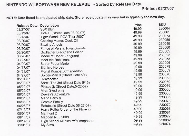 Gamestop/EB Games '07 Release List 