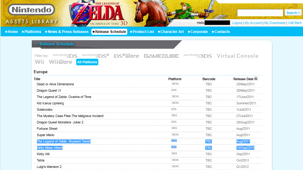 Nintendo UK Updates Release List – Keeps Skyward Sword Release Date