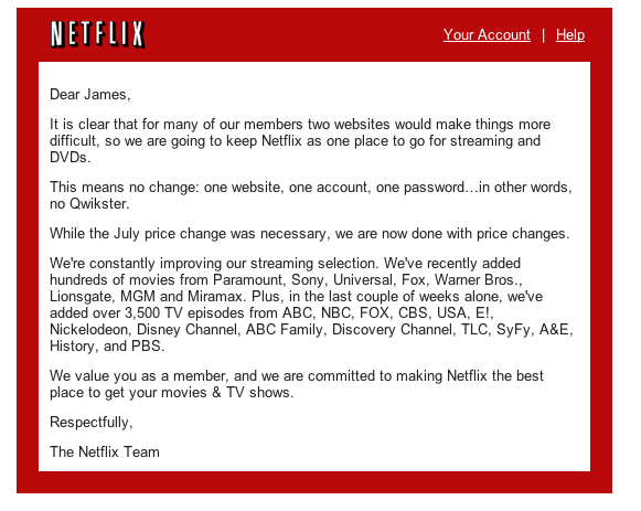 Netflix sends out email to users concerning the death of Qwikster