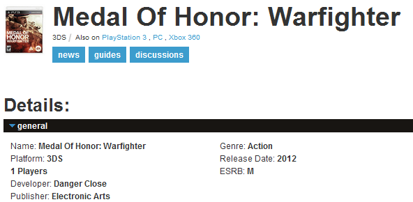 RUMOR – Game Informer lists Medal of Honor: Warfighter for 3DS