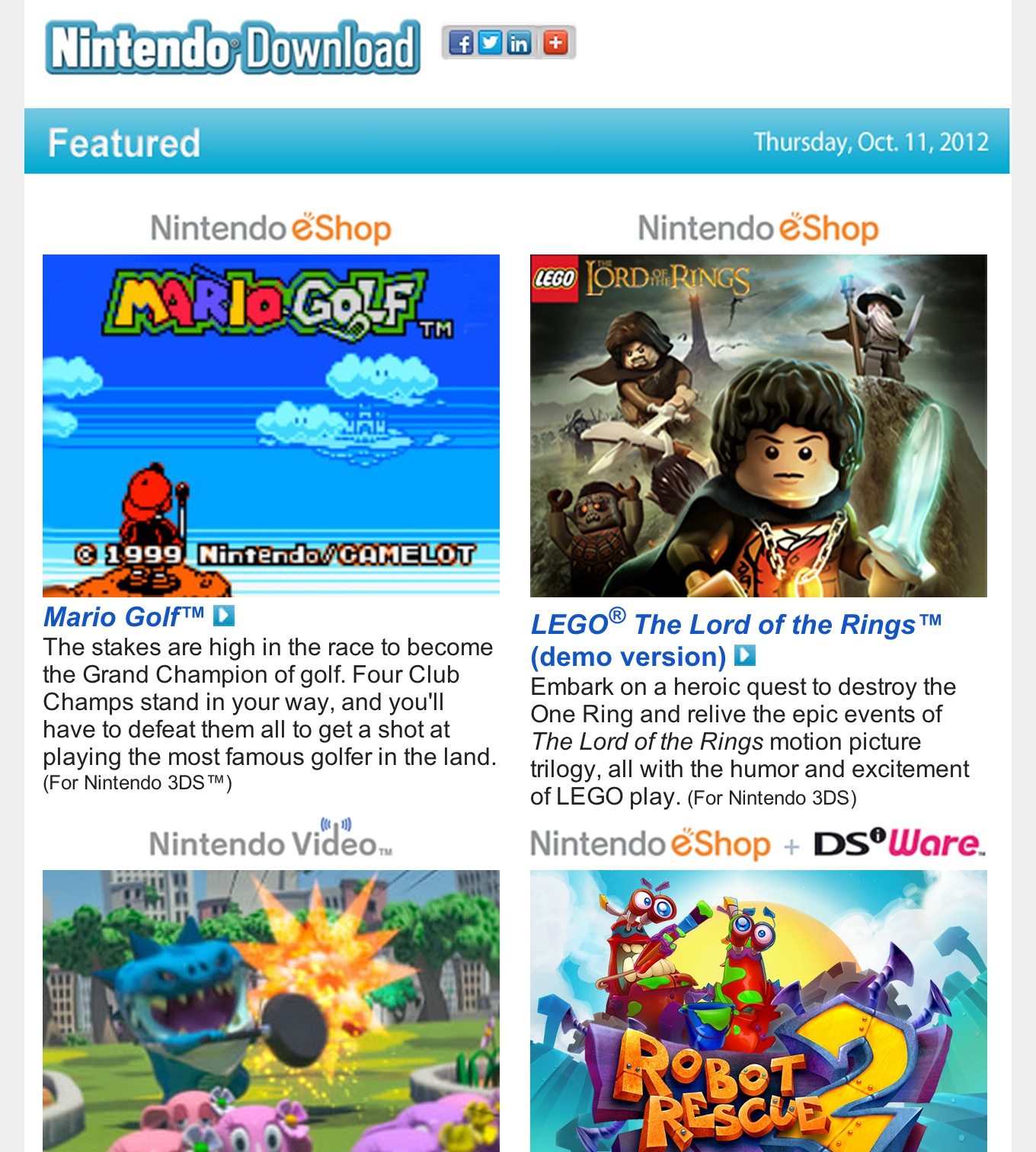 Nintendo Download – Oct. 11, 2012 – Mario Golf, Lego Lord of the Rings Demo