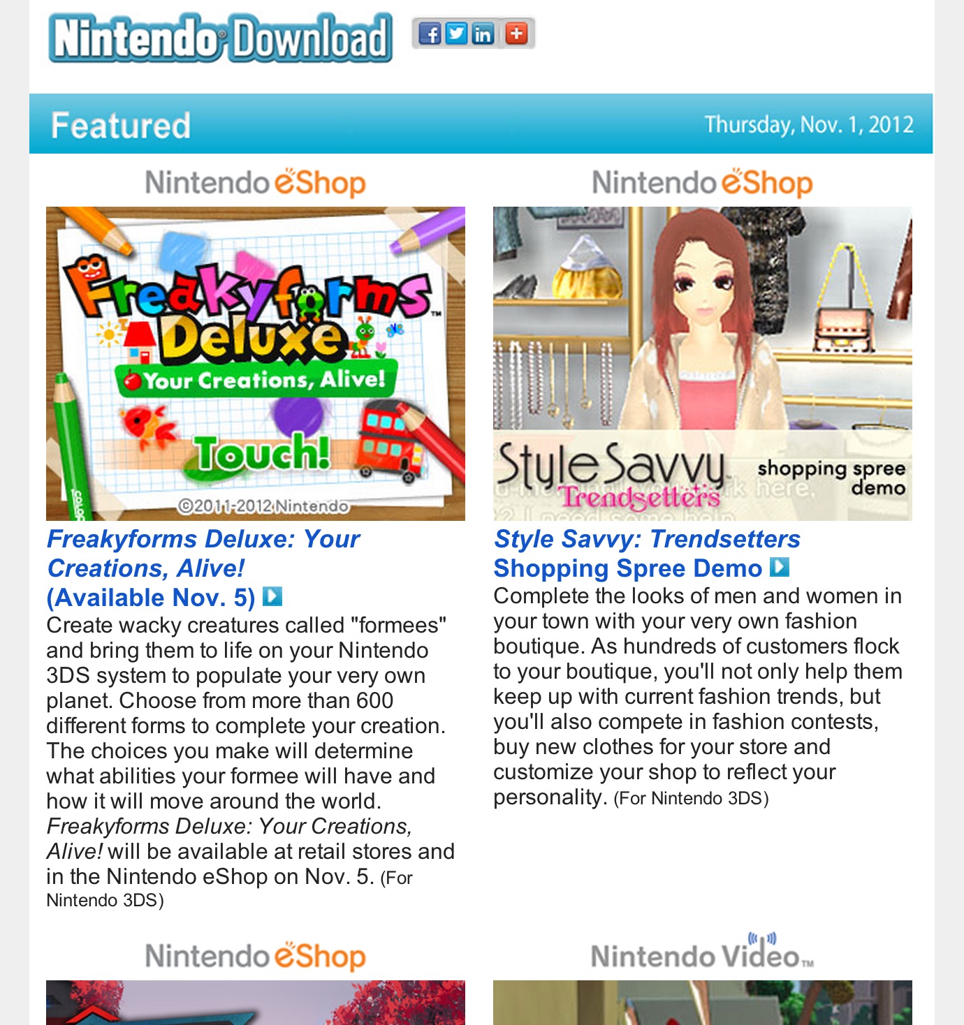 Nintendo Download – November 1, 2012, Freakyforms Deluxe Available Nov. 5